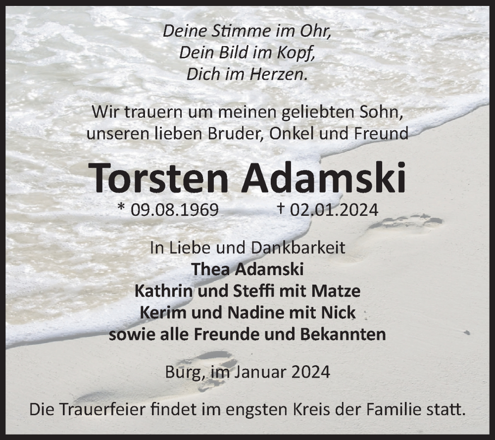  Traueranzeige für Torsten Adamski vom 13.01.2024 aus Volksstimme Burg/Genthin