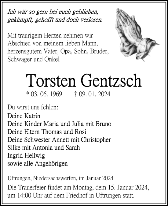 Traueranzeige von Torsten Gentzsch von Mitteldeutsche Zeitung Sangerhausen