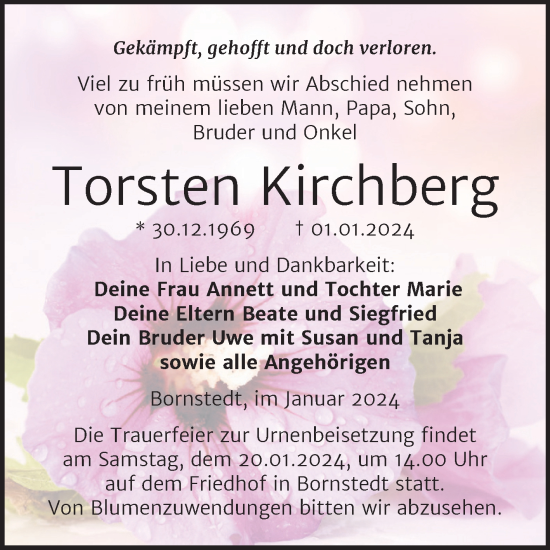 Traueranzeige von Torsten Kirchberg von Trauerkombi Mansfelder Land