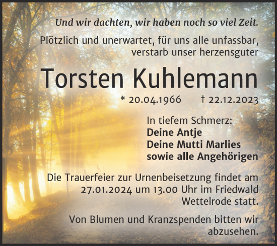 Traueranzeige von Torsten Kuhlemann von Trauerkombi Mansfelder Land