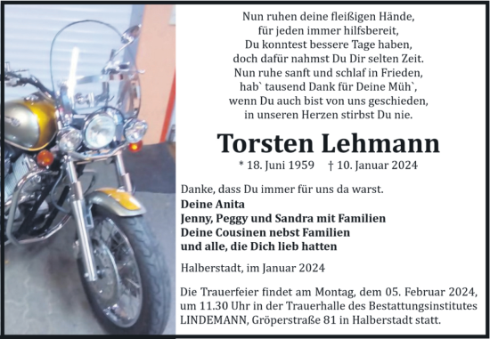 Traueranzeige von Torsten Lehmann von Volksstimme Halberstadt
