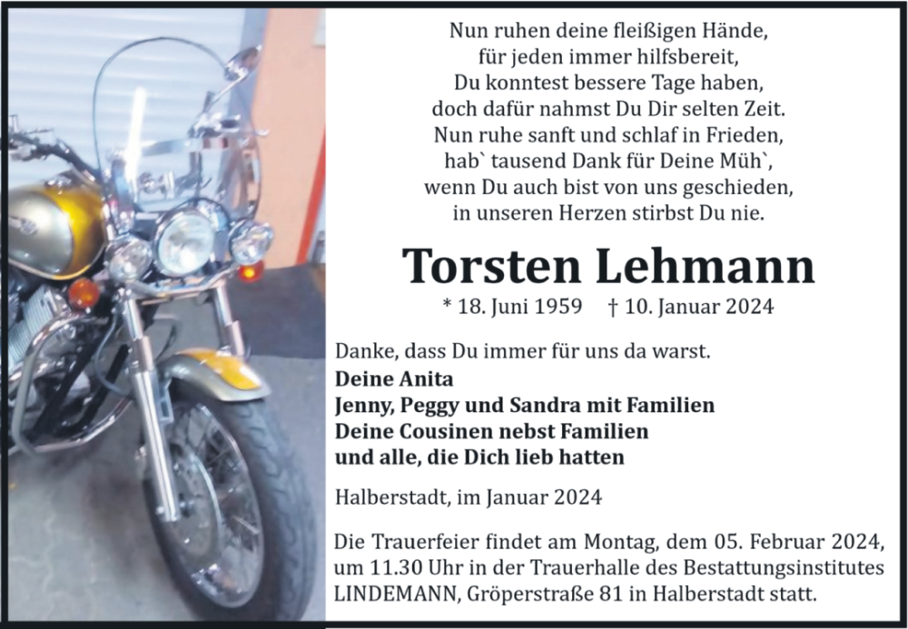  Traueranzeige für Torsten Lehmann vom 20.01.2024 aus Volksstimme Halberstadt