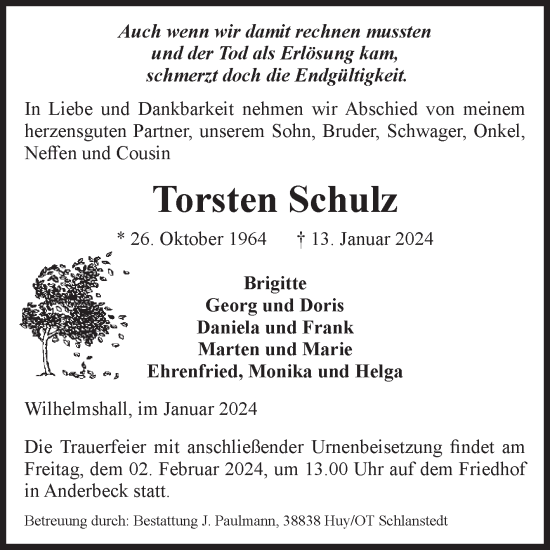 Traueranzeige von Torsten Schulz von Volksstimme Halberstadt