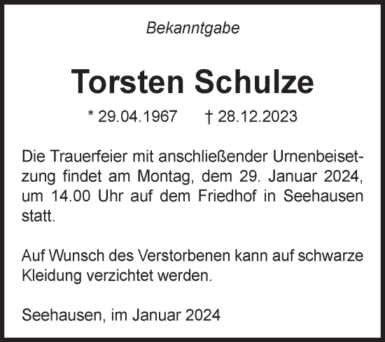 Traueranzeige von Torsten Schulze von Volksstimme Altmark Ost