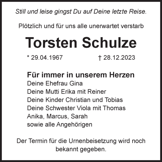 Traueranzeige von Torsten Schulze von Volksstimme Altmark Ost