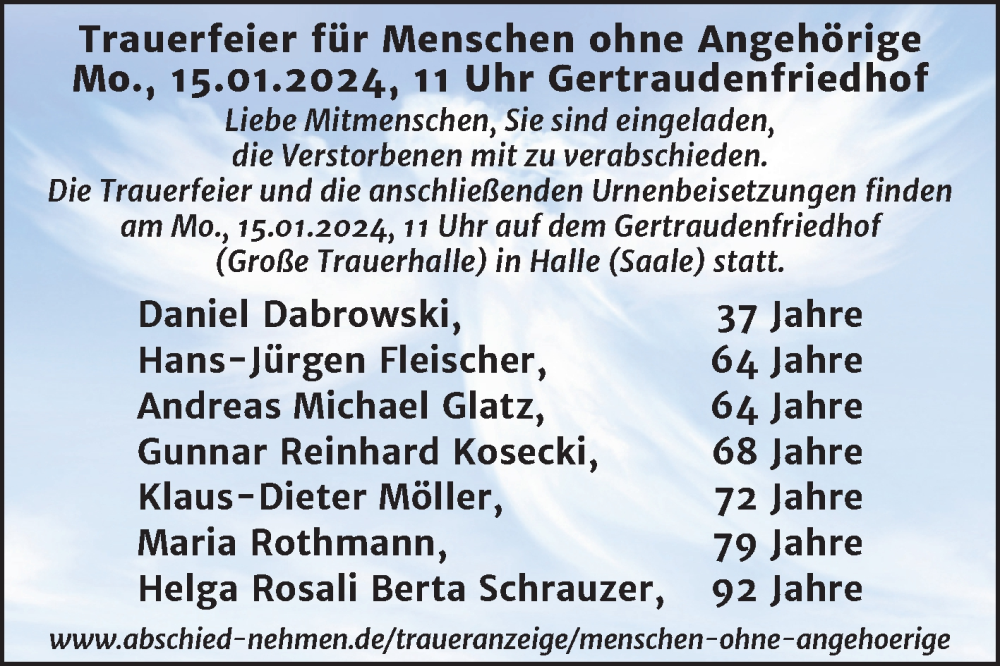  Traueranzeige für Menschen ohne Angehörige  vom 13.01.2024 aus Mitteldeutsche Zeitung Halle/Saalkreis