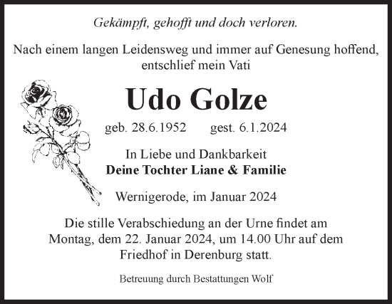 Traueranzeige von Udo Golze von Volksstimme Wernigerode