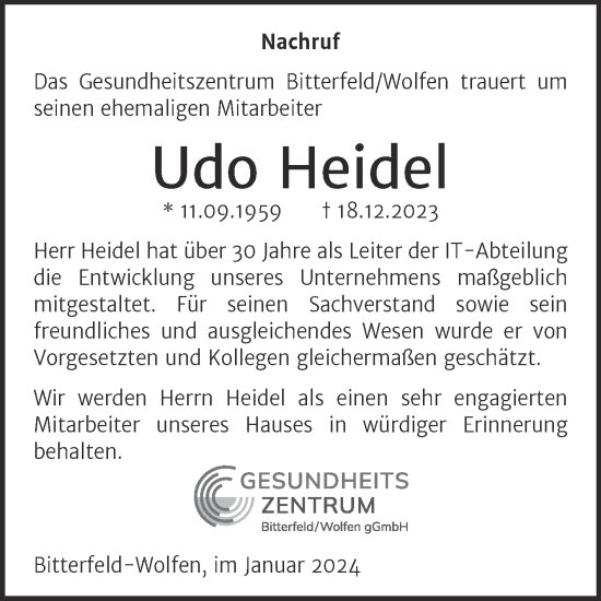 Traueranzeige von Udo Heidel von Mitteldeutsche Zeitung Bitterfeld