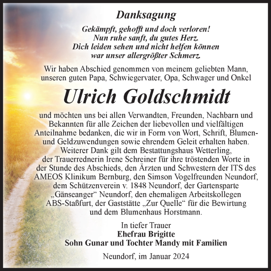 Traueranzeige von Ulrich Goldschmidt von Volksstimme Staßfurt