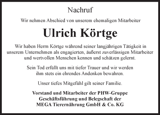 Traueranzeige von Ulrich Körtge von Volksstimme Burg/Genthin