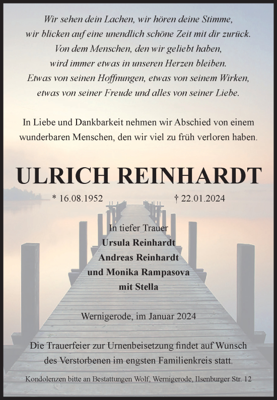 Traueranzeige von Ulrich Reinhardt von Volksstimme Wernigerode