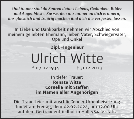 Traueranzeige von Ulrich Witte von Mitteldeutsche Zeitung Halle/Saalkreis