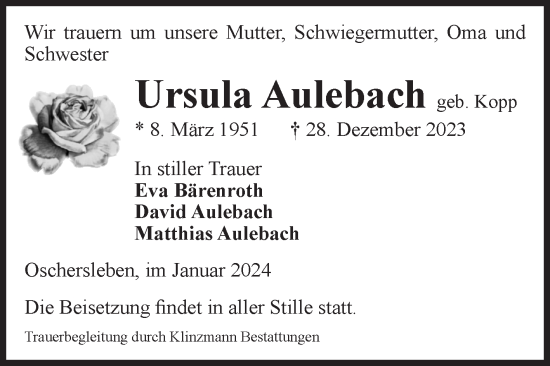 Traueranzeige von Ursula Aulebach von Volksstimme Oschersleben/Wanzleben
