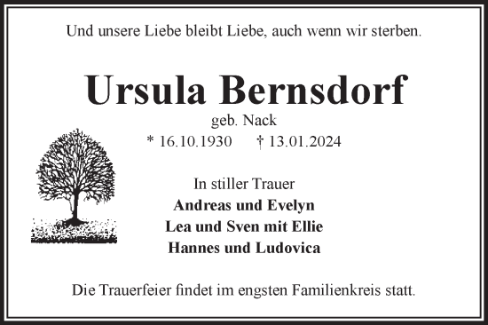 Traueranzeige von Ursula Bernsdorf von Volksstimme Magdeburg