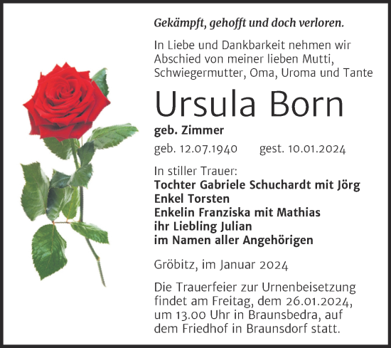 Traueranzeige von Ursula Born von Trauerkombi Weißenfels