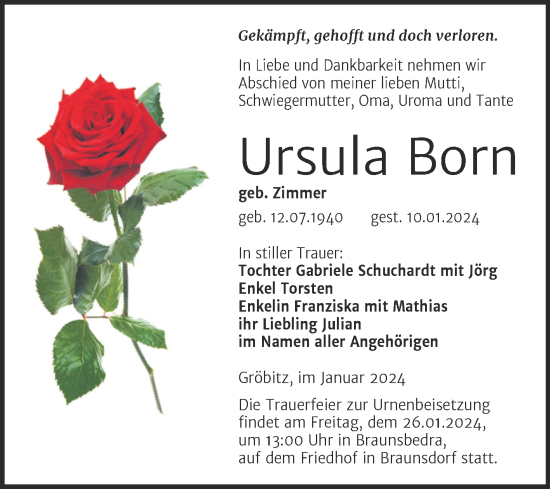 Traueranzeige von Ursula Born von Trauerkombi Merseburg