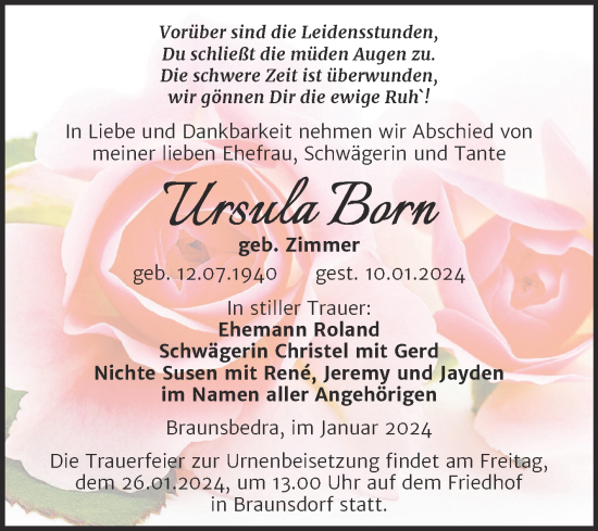 Traueranzeige von Ursula Born von Trauerkombi Merseburg