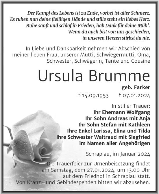 Traueranzeige von Ursula Brumme von Trauerkombi Merseburg