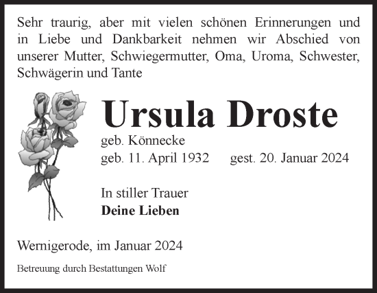Traueranzeige von Ursula Droste von Volksstimme Wernigerode