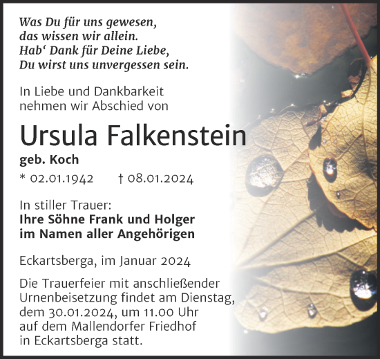 Traueranzeige von Ursula Falkenstein von Wochenspiegel Naumburg/Nebra