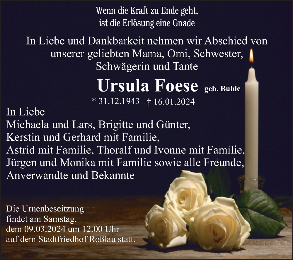  Traueranzeige für Ursula Foese vom 26.01.2024 aus Trauerkombi Dessau