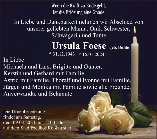 Traueranzeige von Ursula Foese von Trauerkombi Dessau