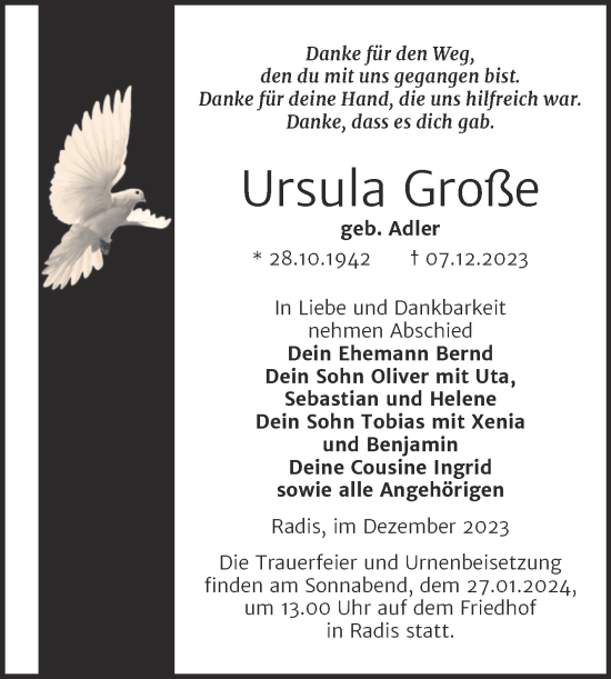 Traueranzeige von Ursula Große von Trauerkombi Wittenberg