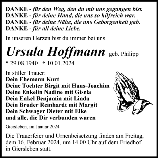 Traueranzeige von Ursula Hoffmann von Trauerkombi Aschersleben