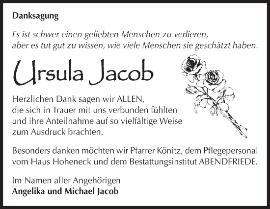 Traueranzeige von Ursula Jacob von Volksstimme Haldensleben/Wolmirstedt
