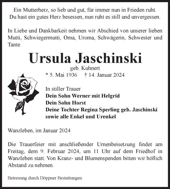 Traueranzeige von Ursula Jaschinski von Volksstimme Oschersleben/Wanzleben