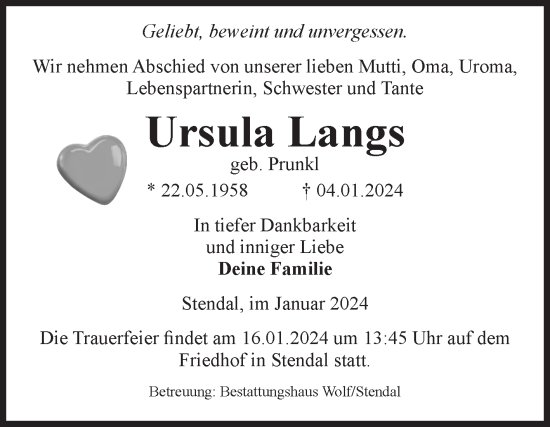 Traueranzeige von Ursula Langs von Volksstimme Altmark Ost