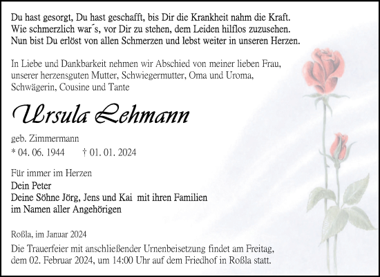 Traueranzeige von Ursula Lehmann von Trauerkombi Sangerhausen