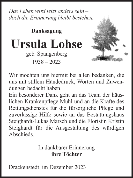 Traueranzeige von Ursula Lohse von Volksstimme Oschersleben/Wanzleben