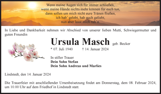 Traueranzeige von Ursula Masch von Volksstimme Altmark West