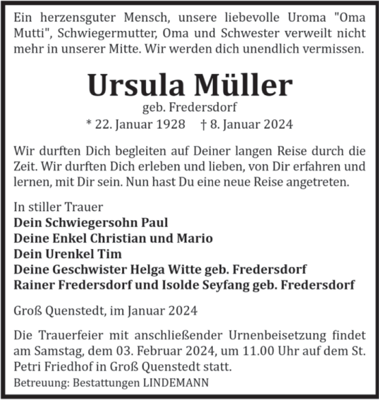 Traueranzeige von Ursula Müller von Volksstimme Halberstadt