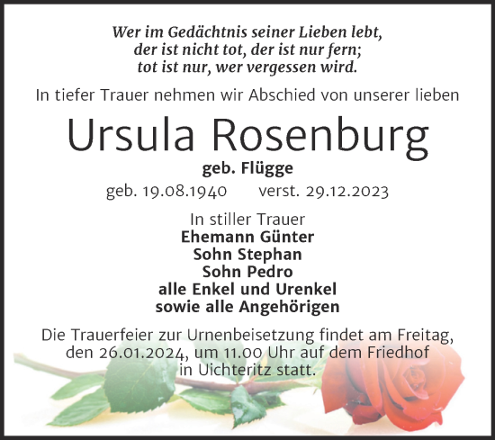 Traueranzeige von Ursula Rosenburg von Trauerkombi Weißenfels