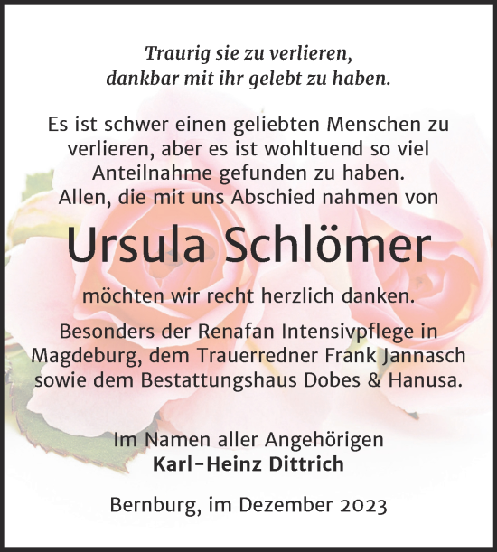 Traueranzeige von Ursula Schlömer von Trauerkombi Bernburg