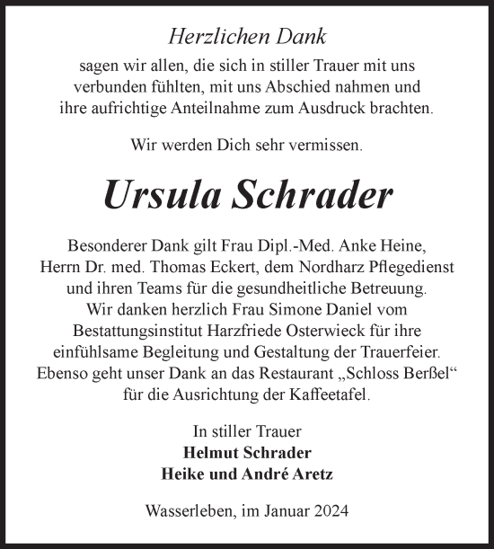 Traueranzeige von Ursula Schrader von Volksstimme Wernigerode