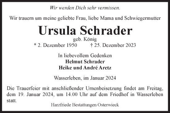 Traueranzeige von Ursula Schrader von Volksstimme Wernigerode