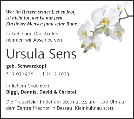 Traueranzeige von Ursula Sens von Trauerkombi Dessau