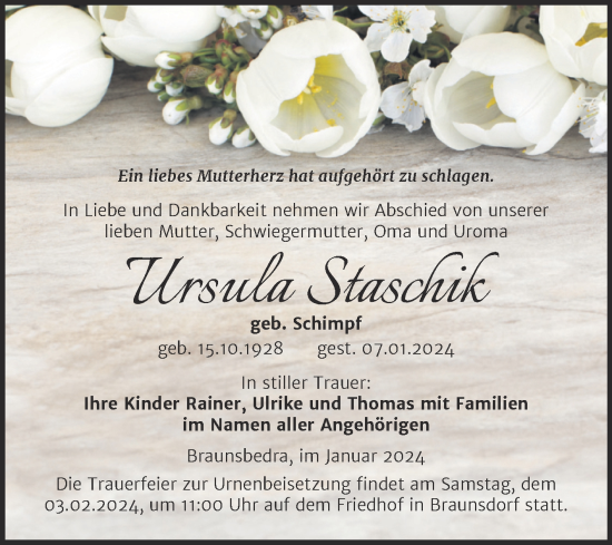 Traueranzeige von Ursula Staschik von Trauerkombi Merseburg