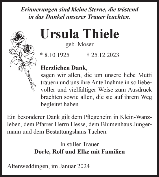 Traueranzeige von Ursula Thiele von Volksstimme Oschersleben/Wanzleben