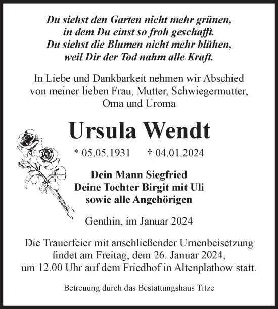 Traueranzeige von Ursula Wendt von Volksstimme Burg/Genthin