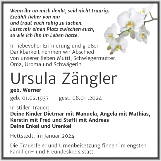Traueranzeige von Ursula Zängler von Trauerkombi Mansfelder Land