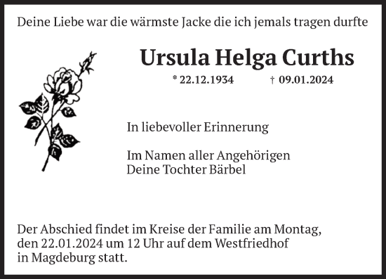Traueranzeige von Ursula Helga Curths von Volksstimme Magdeburg