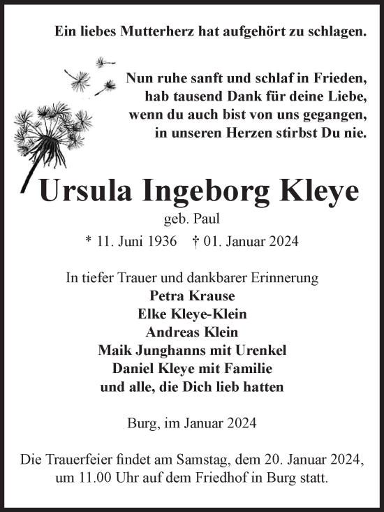 Traueranzeige von Ursula Ingeborg Kleye von Volksstimme Burg/Genthin