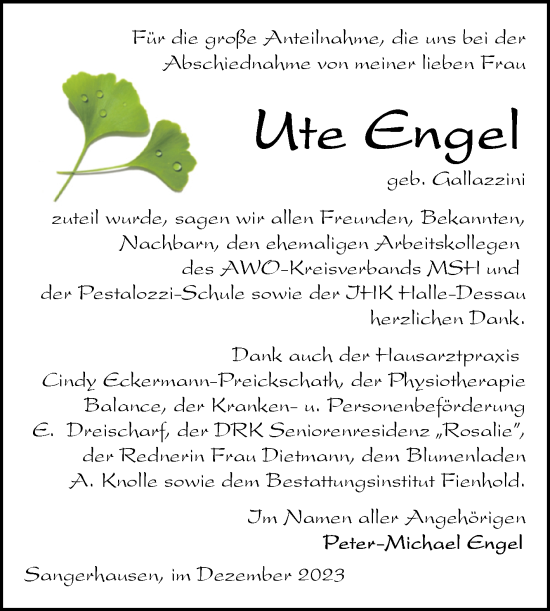 Traueranzeige von Ute Engel von Trauerkombi Sangerhausen