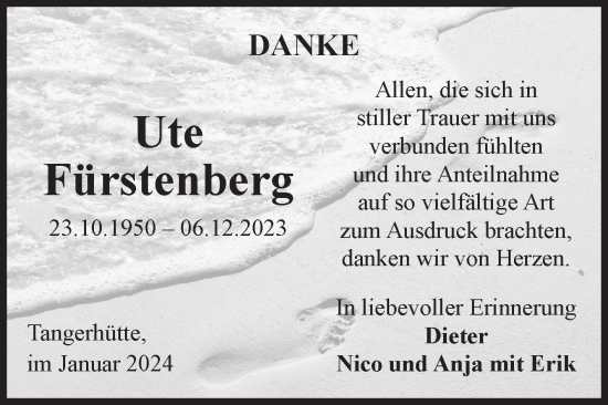 Traueranzeige von Ute Fürstenberg von Volksstimme Altmark Ost