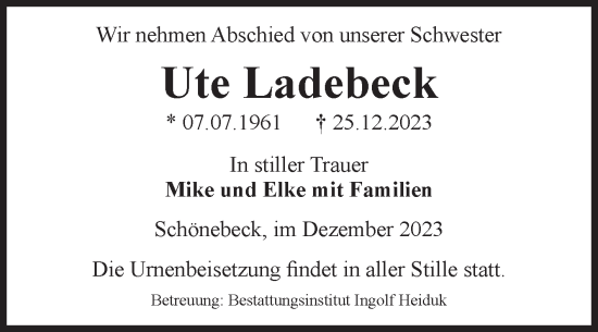 Traueranzeige von Ute Ladebeck von Volksstimme Schönebeck