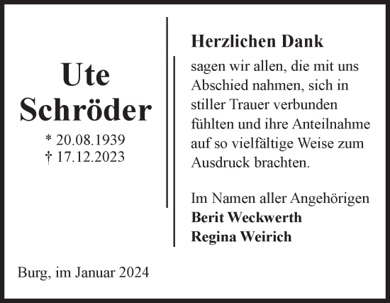 Traueranzeige von Ute Schröder von Volksstimme Burg/Genthin